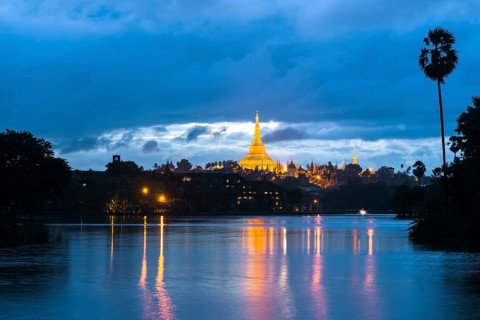 Golden main stupa at dusk