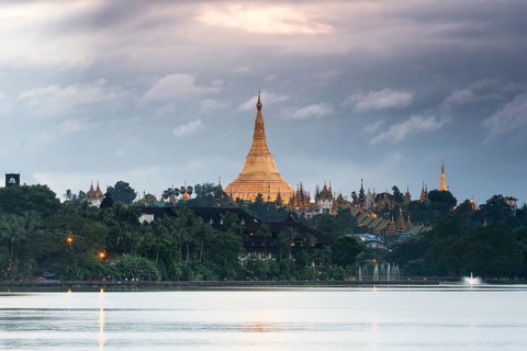 Golden main stupa at dusk