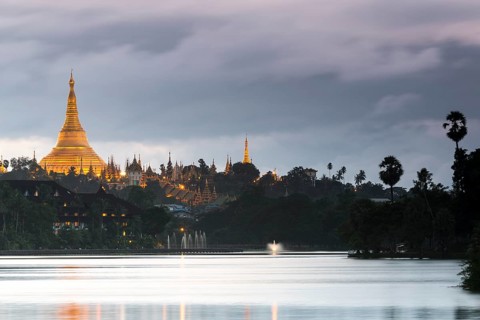 Golden main stupa at dusk
