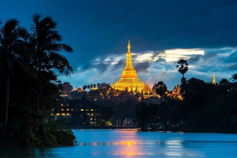 Golden main stupa at dusk