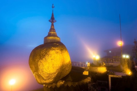 Golden Rock at dusk with Kyaiktiyo Pagoda