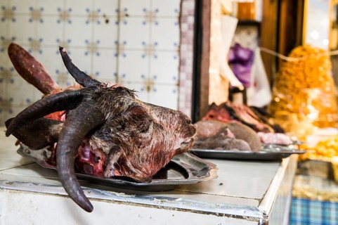 Butcher's with goat head on display