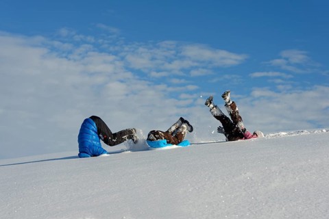 Father and his children rollicking in the snow