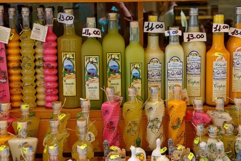 Souvenir stand with bottles of Limoncello