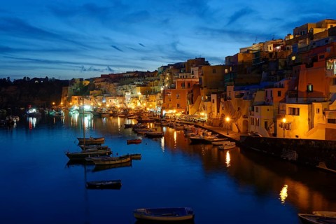 Dusk in the harbor of Marina di Corricella