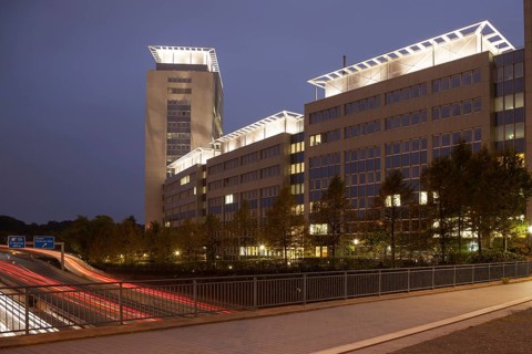 Office Building Evonik at dusk