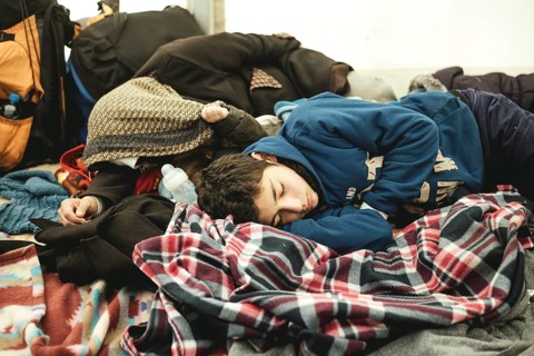 Refugees sleeping in the tent