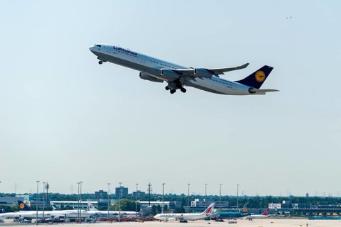 The Airbus A340-300 Dinslaken of the airline Lufthansa is taking off at Frankfurt International Airport