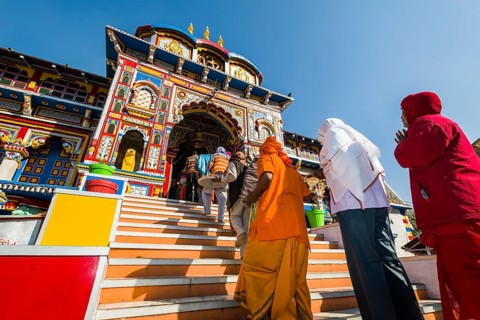 Pilgrims entering the colourful Badrinath Temple