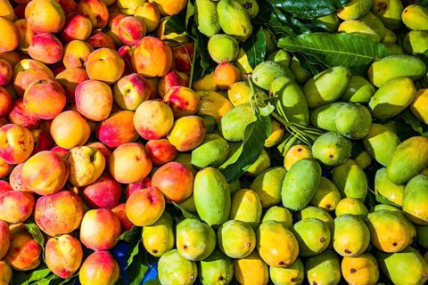 Fresh mangoes and peaches are arranged for sale in the fruit market