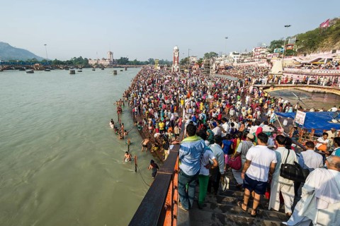 Masses of pilgrims are gathering for bathing at Harki Pauri Ghat at the holy river Ganges