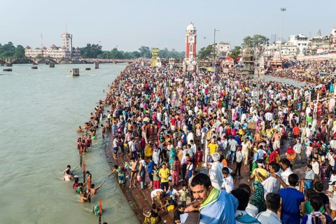 Masses of pilgrims are gathering for bathing at Harki Pauri Ghat at the holy river Ganges