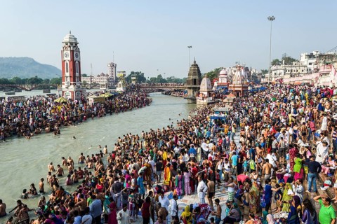 Masses of pilgrims are gathering for bathing at Harki Pauri Ghat at the holy river Ganges