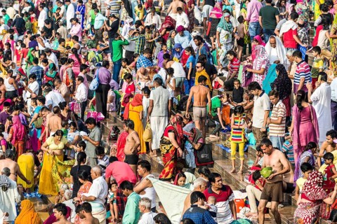 Masses of pilgrims are gathering for bathing at Harki Pauri Ghat at the holy river Ganges