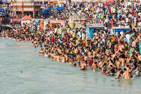 Masses of pilgrims are gathering for bathing at Harki Pauri Ghat at the holy river Ganges