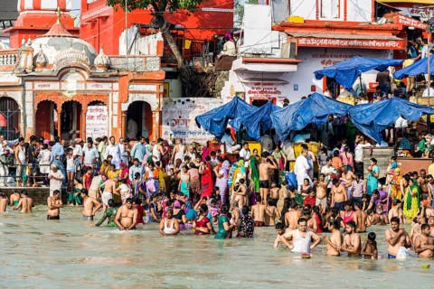 Masses of pilgrims are gathering for bathing at Harki Pauri Ghat at the holy river Ganges