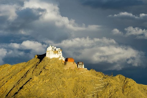 The monastery Namgyal Tsemo Gompa and Tsemo Fort on a mountain ridge