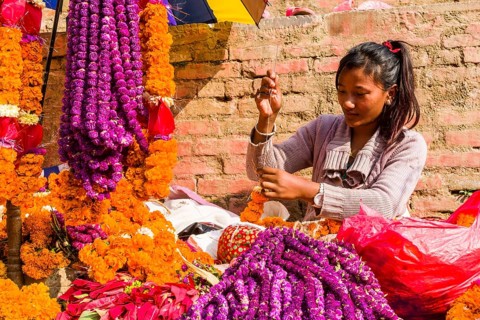 A young woman is arranging flowers on the flowermarket at Durbar Square