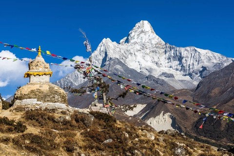 Buddhist stupa and prayer flags