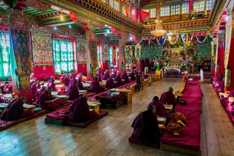 Many monks and nuns are praying inside the monastery Thupten Chholing Gompa