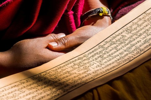 A monk is reading a prayer book inside the monastery Thupten Chholing Gompa