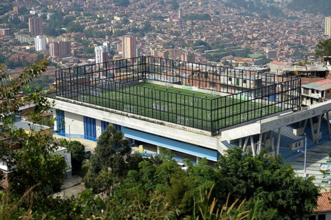 Sports ground overlooking city center