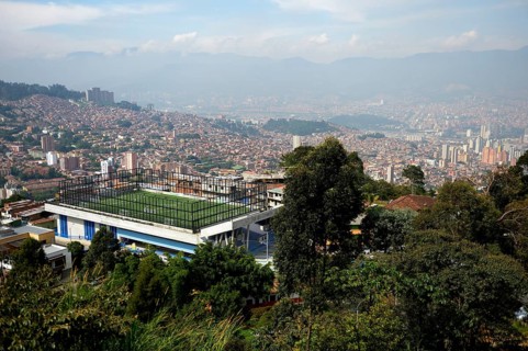 Sports ground overlooking city center