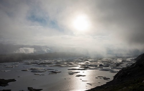 Glacial lake in fog
