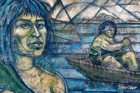 Mural painting representing the â€œCultural heritage of the Aonikenk and Kaweshar ethnic groupâ€
