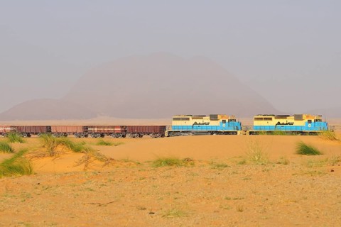 Railway through the desert for the transport of iron ore from M'Haoudat to Nouadhibou port