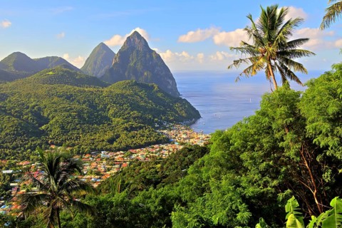 Tropical landscape with view of the village and the two Pitons