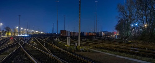 Storage tracks with freight trains in the evening