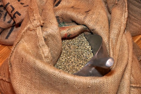 Unroasted coffee beans in bag