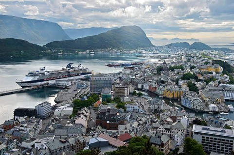 View from the Aksla hill to Alesund with the cruise ship terminal