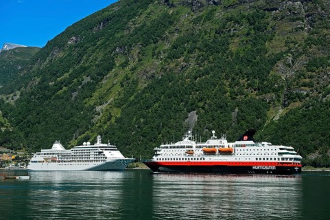 Silver Whisper cruise ships MS and MS Nordkapp in Geirangerfjord