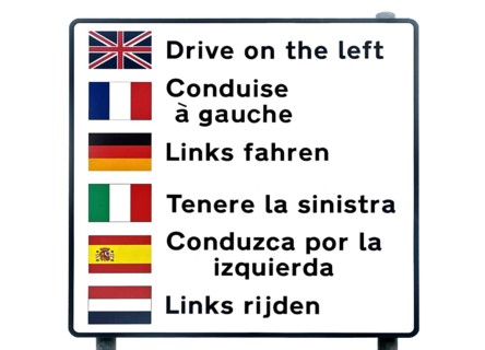 Multilingual warning sign for tourists lettering Drive on the left