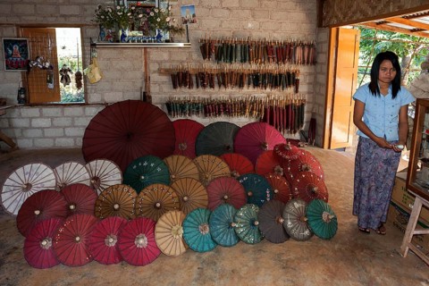 Finished umbrellas in an umbrella factory