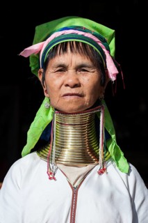 Woman from the tribe of the Padaung in typical dress and headgear