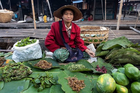 Local woman selling vegetables in the market in Nyaungshwe