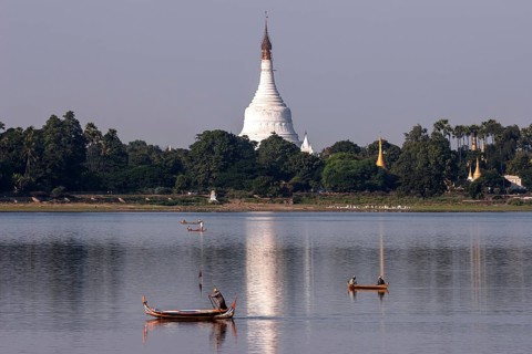 Taungthaman lake with wooden boats