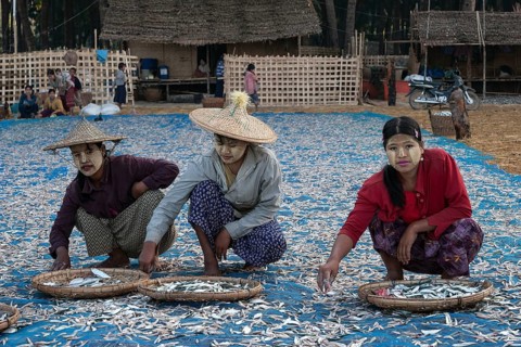 Local women wearing straw hats and Thanaka paste on their faces