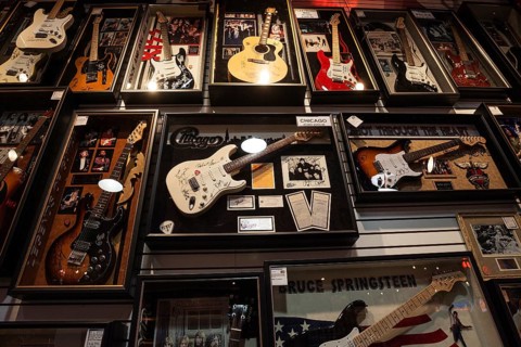 Guitars with autographs of various famous musicians