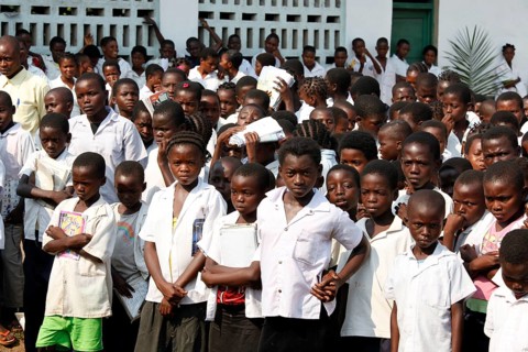 Students in schoolyard during morning assembly
