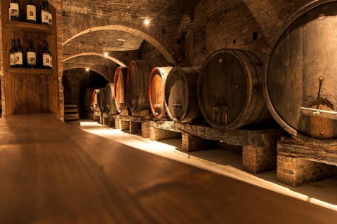 Wine cellar with old wooden barrels
