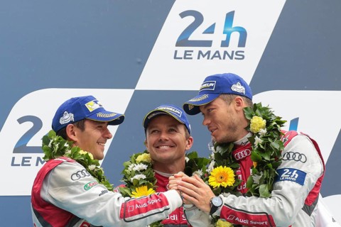 The drivers of the third-placed Audi R18 e-Tron Quattro from Audi Sport Team Joest