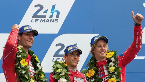 The drivers of the second placed Porsche 919 Hybrid Porsche team