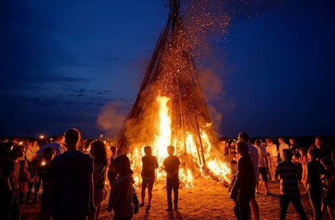People standing around a Sonnwendfeuer bonfire