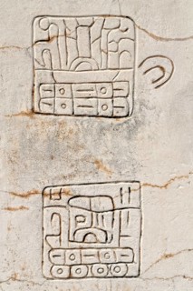 Two hieroglyphs on marble stele at Plaza de la Estela