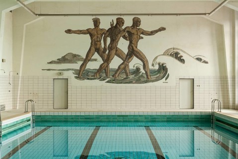 Swimming hall with a wall mosaic of the Aryan master race Herrenmensch