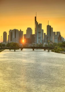 Skyline and financial district at sunset